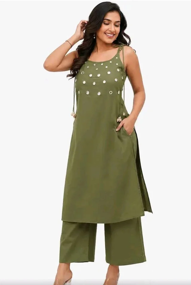 Women's Cotton Embroidery Sleeveless Kurti with Ankle Length Pant Set - 2XL