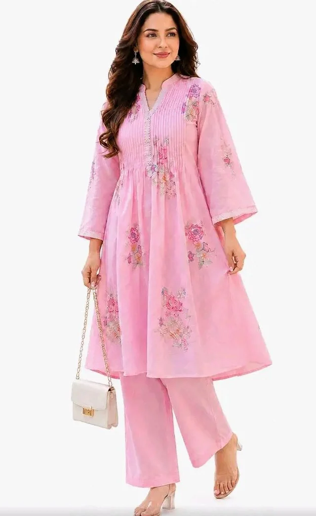 SAHU FAISHON & CRAFT Women's Cotton Embroidery A-Line Kurti with Pant Set
- M