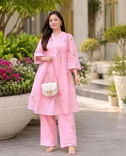 SAHU FAISHON & CRAFT Women's Cotton Embroidery A-Line Kurti with Pant Set
- M