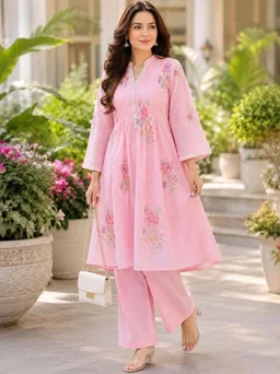 SAHU FAISHON & CRAFT Women's Cotton Embroidery A-Line Kurti with Pant Set
- M