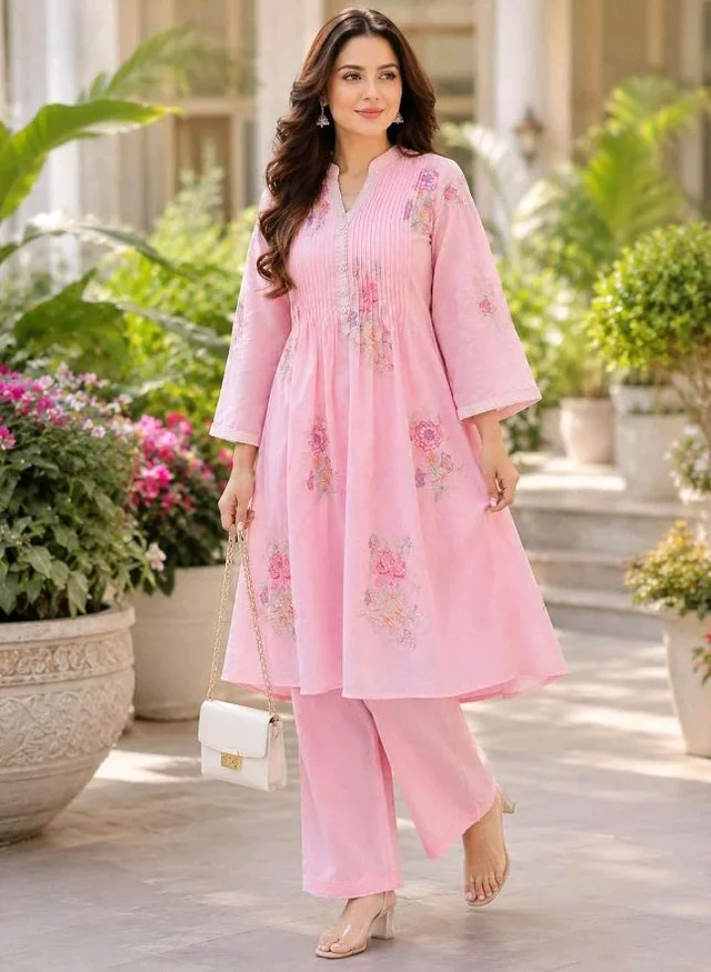 SAHU FAISHON & CRAFT Women's Cotton Embroidery A-Line Kurti with Pant Set
- M