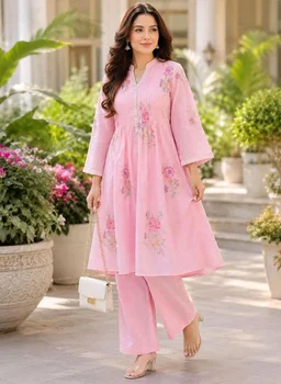 SAHU FAISHON & CRAFT Women's Cotton Embroidery A-Line Kurti with Pant Set
- M