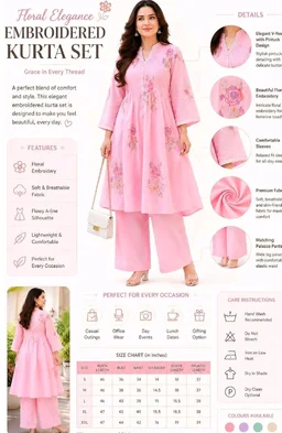SAHU FAISHON & CRAFT Women's Cotton Embroidery A-Line Kurti with Pant Set
- M