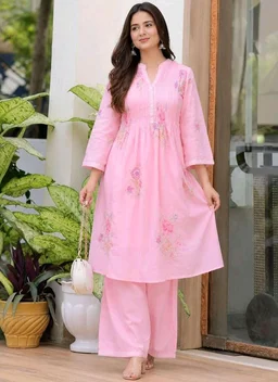 SAHU FAISHON & CRAFT Women's Cotton Embroidery A-Line Kurti with Pant Set
- M