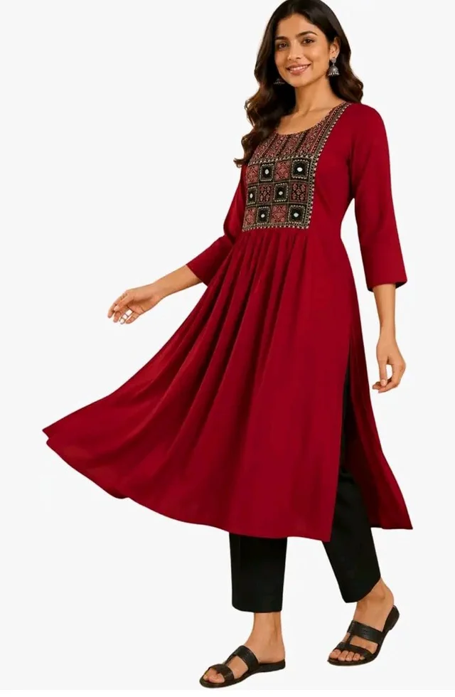 Women's Rayon A-Line Kurta in Black and Maroon with Mirror Work Embroidery | Ethnic Party & Office Wear Flared Kurti | 3/4 Sleeve Round Neck Kurta | (M-5XL) - M