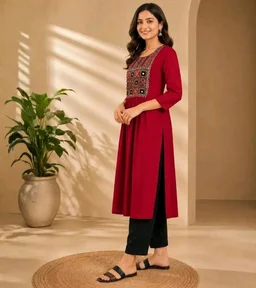 Women's Rayon A-Line Kurta in Black and Maroon with Mirror Work Embroidery | Ethnic Party & Office Wear Flared Kurti | 3/4 Sleeve Round Neck Kurta | (M-5XL) - M
