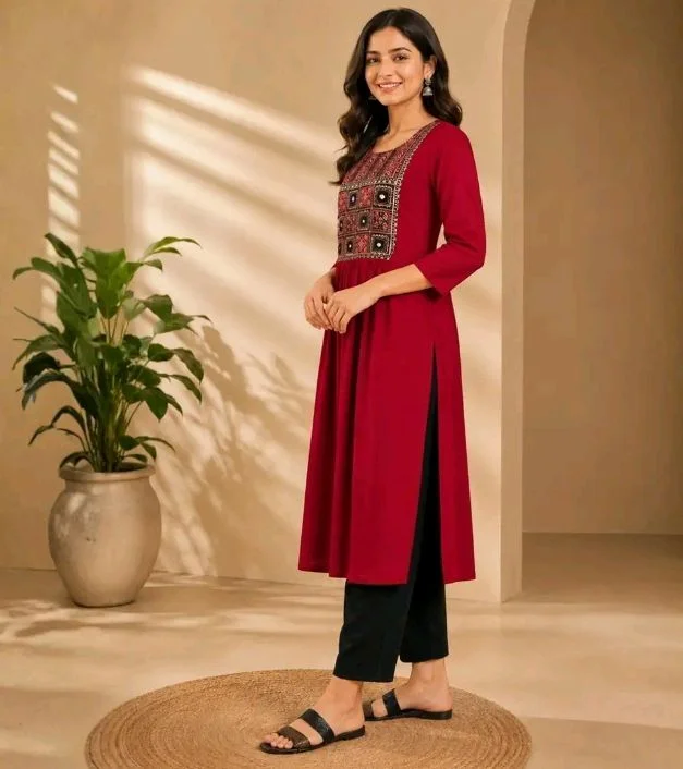 Women's Rayon A-Line Kurta in Black and Maroon with Mirror Work Embroidery | Ethnic Party & Office Wear Flared Kurti | 3/4 Sleeve Round Neck Kurta | (M-5XL) - M