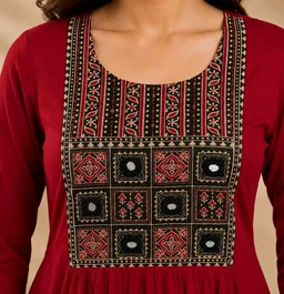 Women's Rayon A-Line Kurta in Black and Maroon with Mirror Work Embroidery | Ethnic Party & Office Wear Flared Kurti | 3/4 Sleeve Round Neck Kurta | (M-5XL) - M