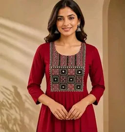 Women's Rayon A-Line Kurta in Black and Maroon with Mirror Work Embroidery | Ethnic Party & Office Wear Flared Kurti | 3/4 Sleeve Round Neck Kurta | (M-5XL) - M