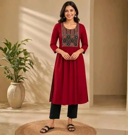Women's Rayon A-Line Kurta in Black and Maroon with Mirror Work Embroidery | Ethnic Party & Office Wear Flared Kurti | 3/4 Sleeve Round Neck Kurta | (M-5XL) - M
