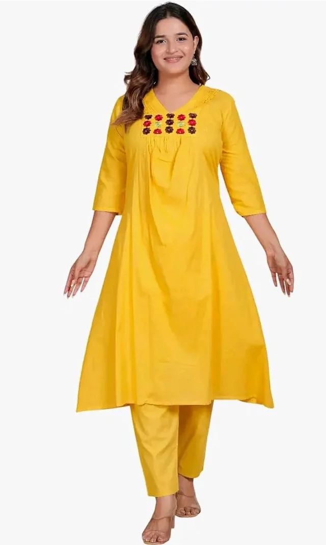Brand: Generic
RuSha Global Women's Cotton Embroidered Anarkali Kurti with Pant (Yellow)
- L