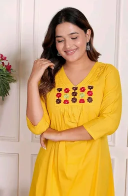 Brand: Generic
RuSha Global Women's Cotton Embroidered Anarkali Kurti with Pant (Yellow)
- L