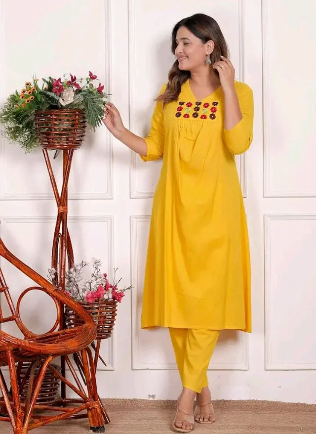 Brand: Generic
RuSha Global Women's Cotton Embroidered Anarkali Kurti with Pant (Yellow)
- L