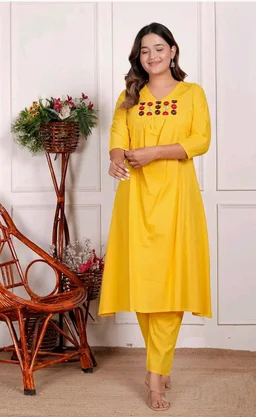 Brand: Generic
RuSha Global Women's Cotton Embroidered Anarkali Kurti with Pant (Yellow)
- L