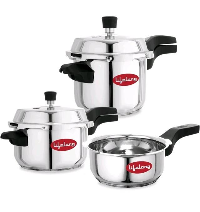 Lifelong Stainless Steel Pressure Cooker | Set of 3 | 2L, 3L & 5L | Induction & Gas Stove Compatible with Outer Lid, ISI Certified & Lock System |Safe & Durable Kitchen Essential with 5 Years Warranty