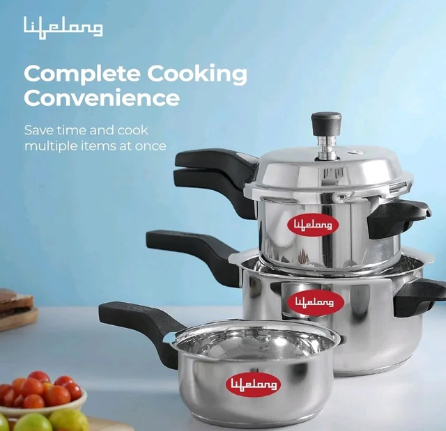 Lifelong Stainless Steel Pressure Cooker | Set of 3 | 2L, 3L & 5L | Induction & Gas Stove Compatible with Outer Lid, ISI Certified & Lock System |Safe & Durable Kitchen Essential with 5 Years Warranty