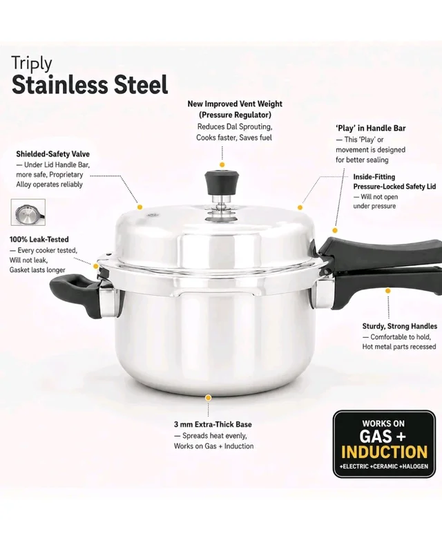 SOLARA Triply Stainless Steel Pressure Cooker 2 L, Outer Lid Design, Induction & Gas Compatible, Even Heat Distribution, Heavy Duty Kitchen Cookware