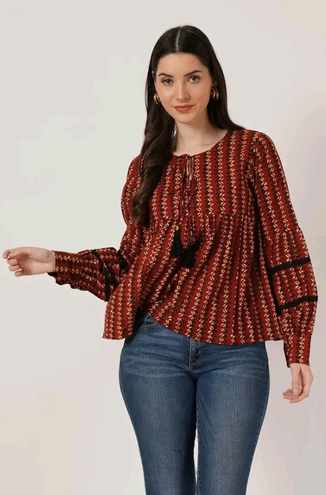 COTLAND Fashions Jaipuri Cotton Printed Balloon Sleeves Pull On Top for Women
- L