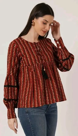 COTLAND Fashions Jaipuri Cotton Printed Balloon Sleeves Pull On Top for Women
- L