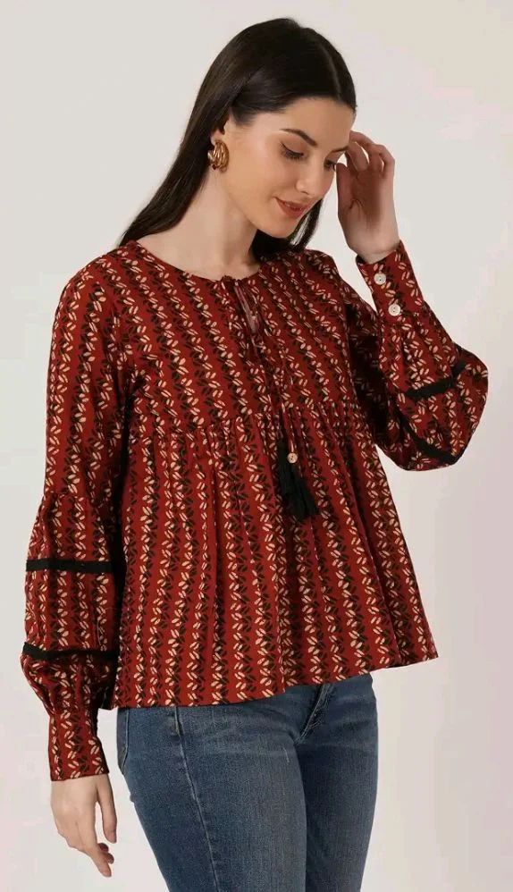COTLAND Fashions Jaipuri Cotton Printed Balloon Sleeves Pull On Top for Women
- L