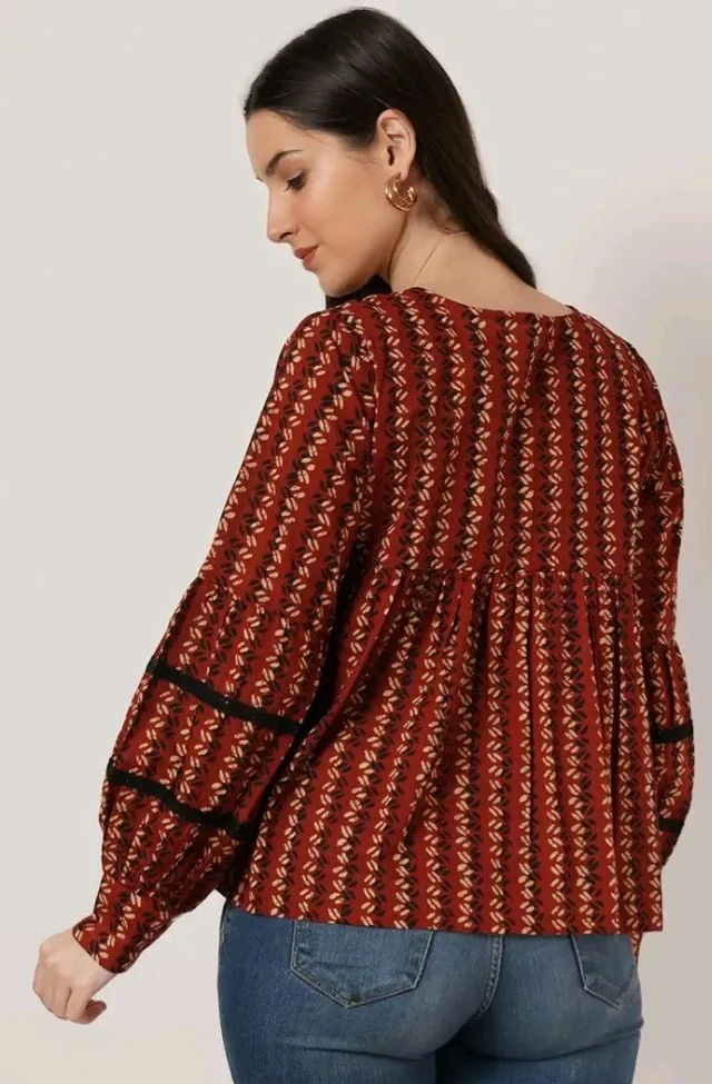 COTLAND Fashions Jaipuri Cotton Printed Balloon Sleeves Pull On Top for Women
- L