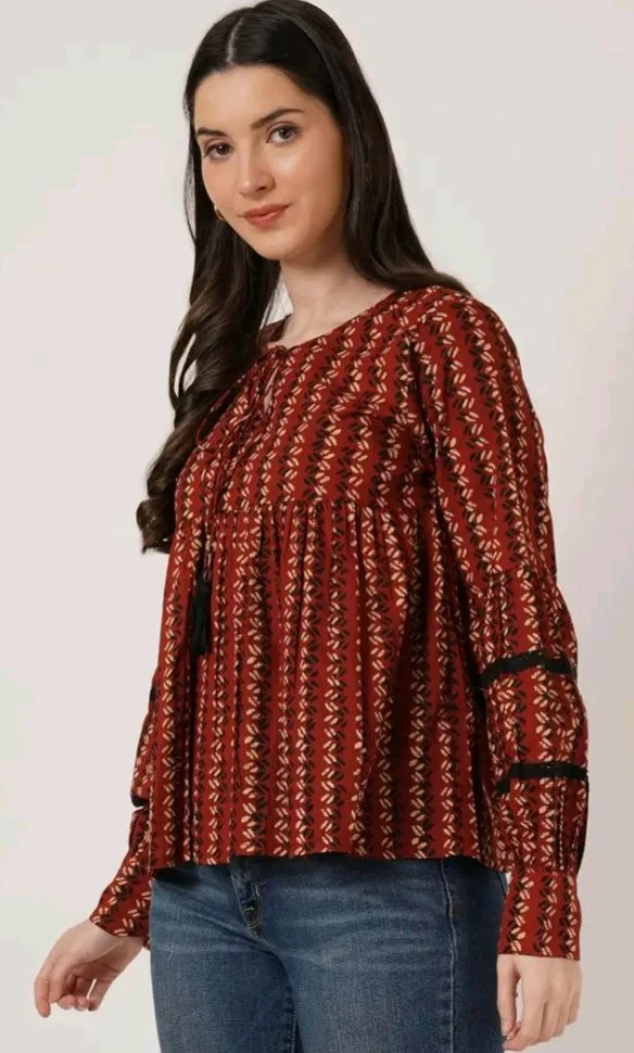 COTLAND Fashions Jaipuri Cotton Printed Balloon Sleeves Pull On Top for Women
- L