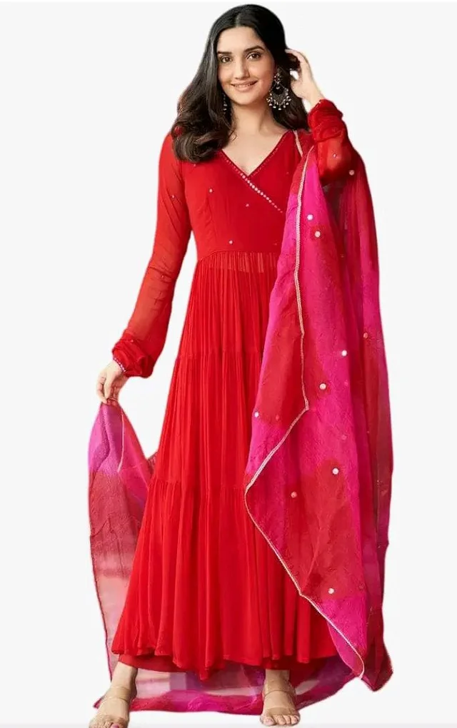 mezoncraft Women's Georgette Solid with Minimal Embellishment Long Anarkali Kurti With Pant And Dupatta Set (Red)
- 2XL