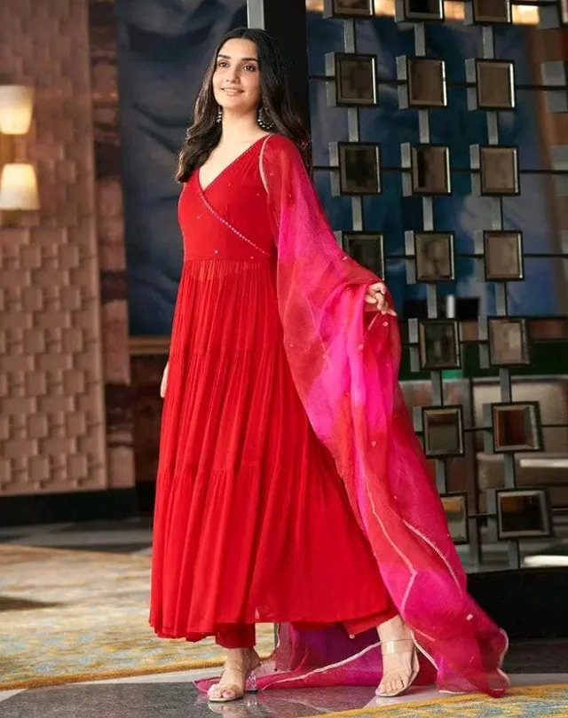 mezoncraft Women's Georgette Solid with Minimal Embellishment Long Anarkali Kurti With Pant And Dupatta Set (Red)
- 2XL