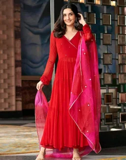 mezoncraft Women's Georgette Solid with Minimal Embellishment Long Anarkali Kurti With Pant And Dupatta Set (Red)
- 2XL