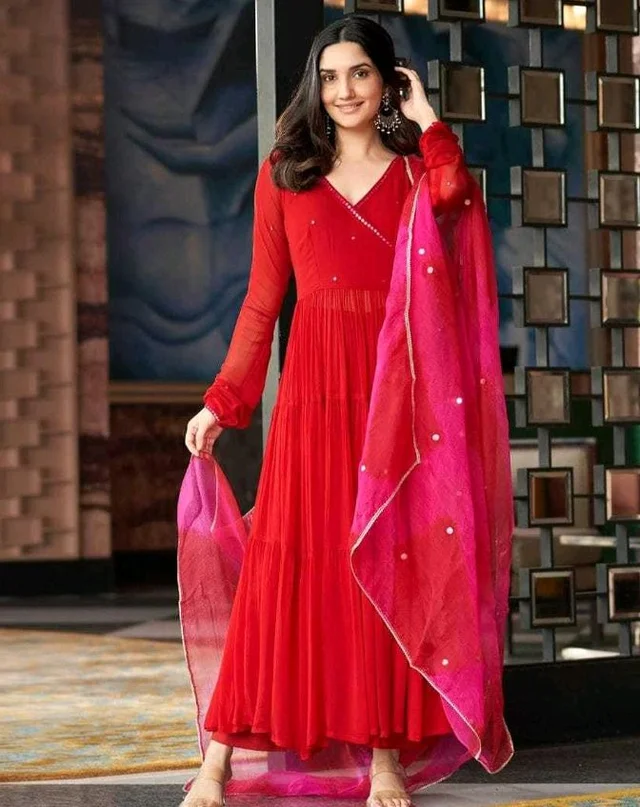 mezoncraft Women's Georgette Solid with Minimal Embellishment Long Anarkali Kurti With Pant And Dupatta Set (Red)
- 2XL
