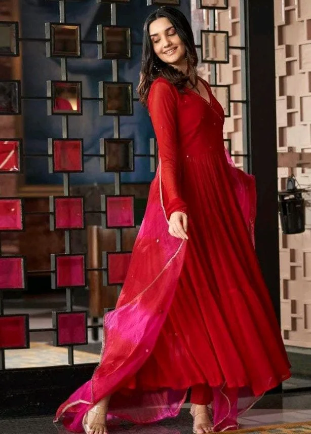 mezoncraft Women's Georgette Solid with Minimal Embellishment Long Anarkali Kurti With Pant And Dupatta Set (Red)
- 2XL