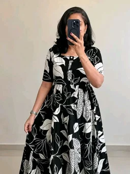 Women's Rayon A-Line Midi Dress, Floral Print, Short Sleeves, Tiered Design, Round Neck, for Summer Wear
- 2XL