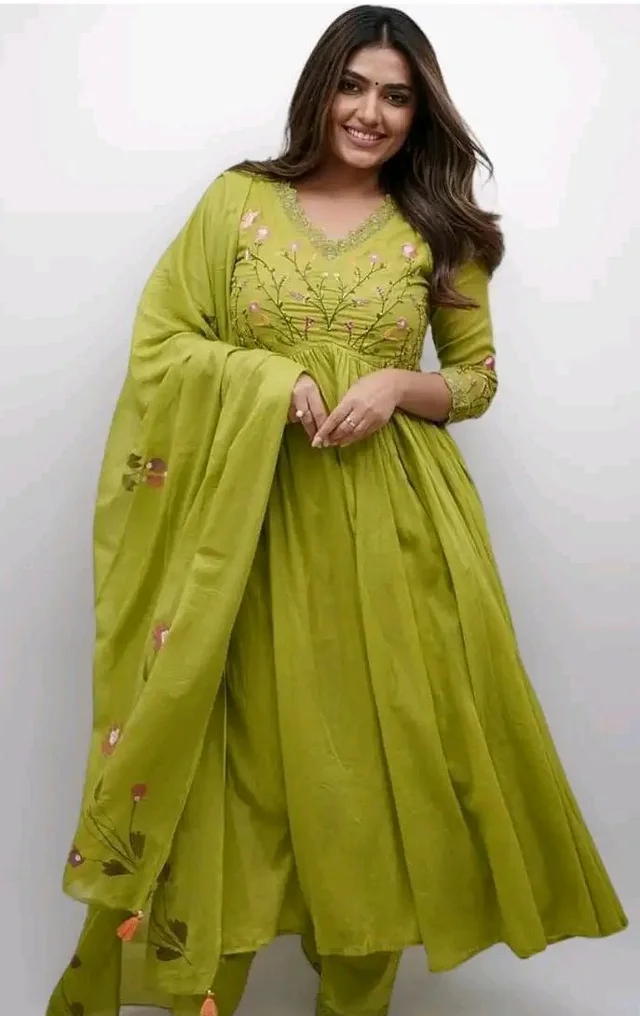 Women's Cotton Embroidered Long Anarkali Kurti With Pant and Dupatta Set
- M