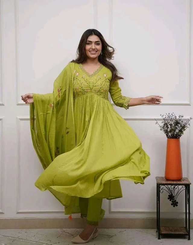Women's Cotton Embroidered Long Anarkali Kurti With Pant and Dupatta Set
- M