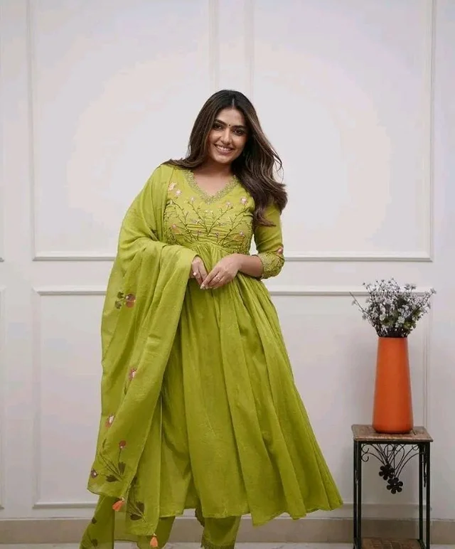 Women's Cotton Embroidered Long Anarkali Kurti With Pant and Dupatta Set
- M