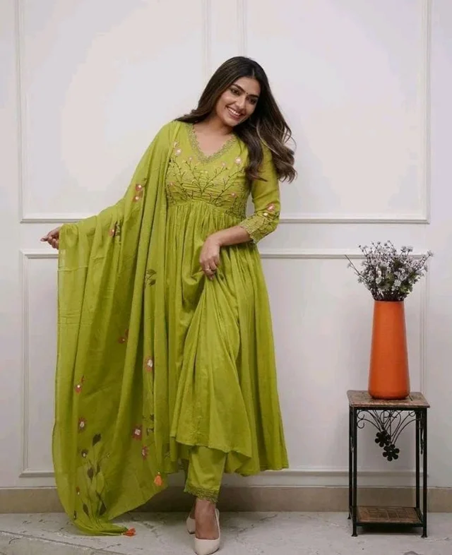 Women's Cotton Embroidered Long Anarkali Kurti With Pant and Dupatta Set
- M