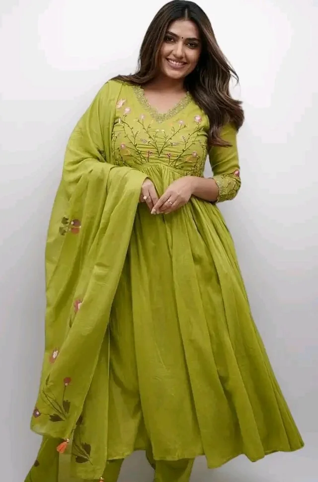 Women's Cotton Embroidered Long Anarkali Kurti With Pant and Dupatta Set
- M