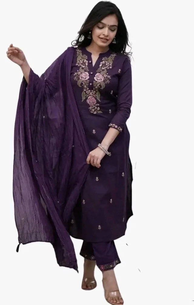 Morpheve Women's Cotton Embroidery work Straight kurti with Pant & mulmul dupatta set
- 3XL