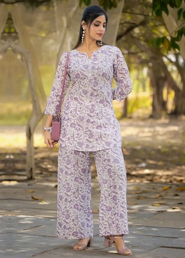 Pinkmint Cotton Co Ord Set for Women l 3/4 Sleeve Printed Comfortable & Stylish Trendy Top & Bottom - 2XL