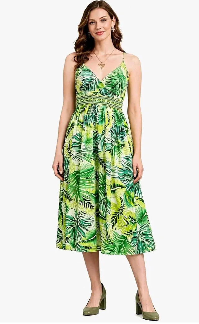 LAADO CREATION'S Women's Tropical Leaf Print Midi Dress with Embroidered Waistband
- L