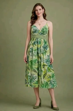 LAADO CREATION'S Women's Tropical Leaf Print Midi Dress with Embroidered Waistband
- L