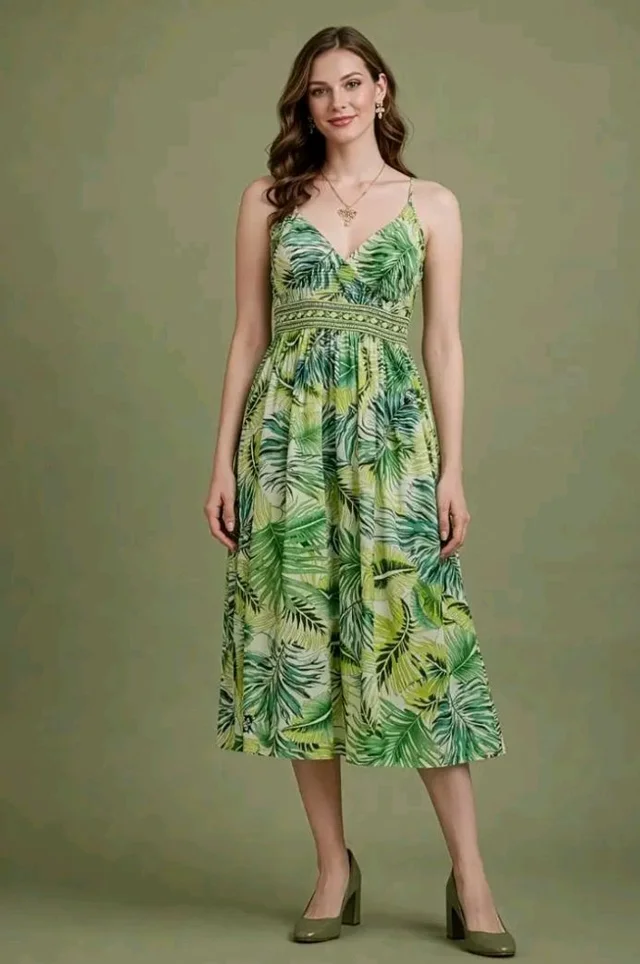 LAADO CREATION'S Women's Tropical Leaf Print Midi Dress with Embroidered Waistband
- L