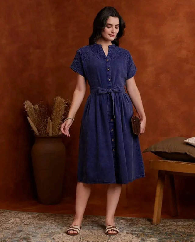 Amazon Brand - Myx Women's Embroidered Shirt Dress | Cotton Blend | Below The Knee (Available in Plus Sizes) - 2XL