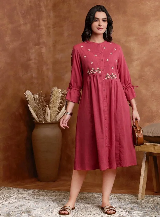 Amazon Brand - Myx Women's Cotton Embroidered Dress | Below The Knee (Available in Plus Sizes)
- L