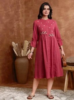 Amazon Brand - Myx Women's Cotton Embroidered Dress | Below The Knee (Available in Plus Sizes)
- L