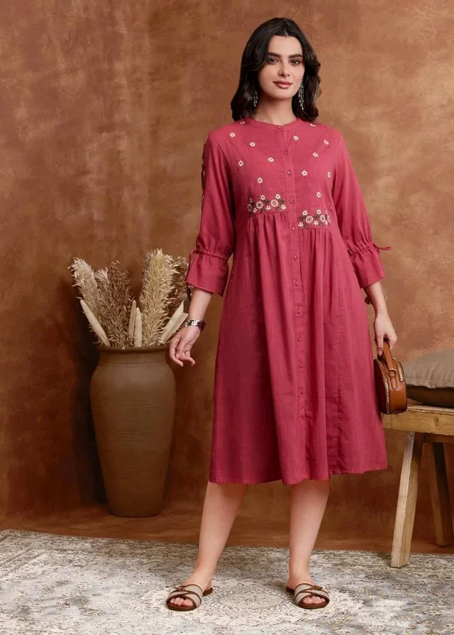 Amazon Brand - Myx Women's Cotton Embroidered Dress | Below The Knee (Available in Plus Sizes)
- L