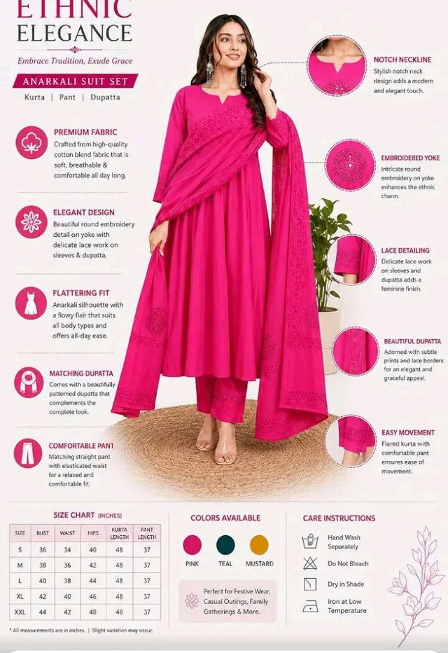 Brand: ANNAKUT EXIM
Women's Cotton Embroidery Handblock Floral Kurti Pant With Dupatta Set - 2XL