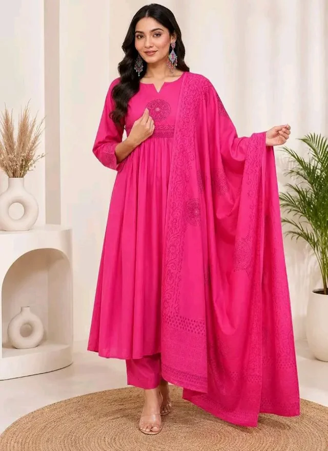 Brand: ANNAKUT EXIM
Women's Cotton Embroidery Handblock Floral Kurti Pant With Dupatta Set - 2XL