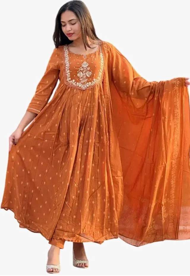 Brand: PNK Crafts & Lifestyle
PNK Crafts & Lifestyle Women's Cotton Embroidery Anarkali Kurti and Pant with Dupatta Set
- L