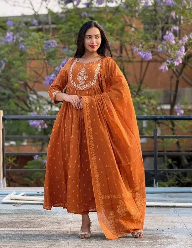 Brand: PNK Crafts & Lifestyle
PNK Crafts & Lifestyle Women's Cotton Embroidery Anarkali Kurti and Pant with Dupatta Set
- L